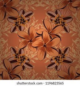 Stylish wallpaper with plumeria flowers. Abstract vector background. Floral seamless pattern with blooming plumeria flowers and leaves in brown, orange and beige colors.