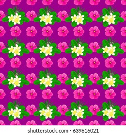 Stylish wallpaper with plumeria flowers. Abstract vector background. Floral seamless pattern with blooming plumeria flowers and leaves on a purple background.