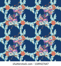 Stylish wallpaper with poppy flowers. Abstract vector background. Floral seamless pattern with blooming poppy flowers and leaves in beige, orange and blue colors.