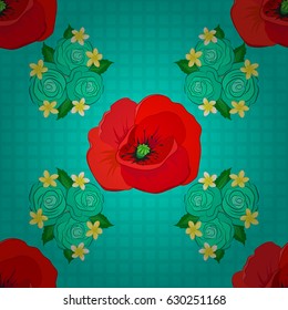 Stylish wallpaper with poppy flowers. Abstract vector background. Floral seamless pattern with blooming poppy flowers and leaves on a blue background.
