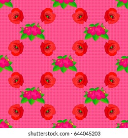 Stylish wallpaper with poppy flowers. Abstract vector background. Floral seamless pattern with blooming poppy flowers and leaves on a pink background.