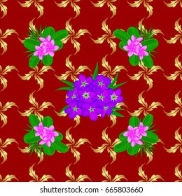 Stylish wallpaper with primula flowers. Abstract vector background. Floral seamless pattern with blooming primula flowers and leaves on a red background.