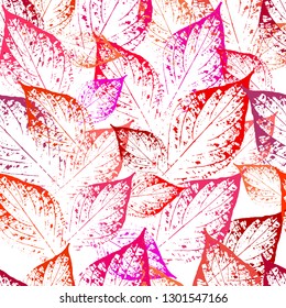  Stylish wallpaper with red leaf prints. Red leaves of trees on a white background. Seamless pattern from autumn leaves. Postcard with leaves prints.