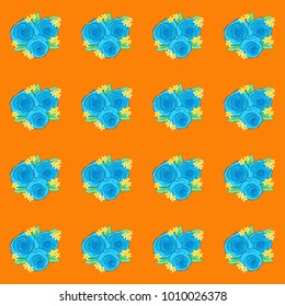 Stylish wallpaper with rose flowers and green leaves. Abstract vector background. Floral seamless pattern with blooming rose flowers and green leaves in blue, yellow and orange colors.