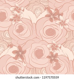 Stylish wallpaper with rose flowers and green leaves. Abstract vector background. Floral seamless pattern with blooming rose flowers and green leaves in pink and beige colors.