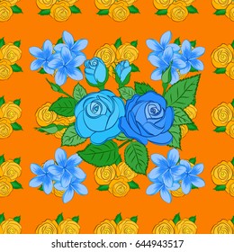 Stylish wallpaper with rose flowers and green leaves. Abstract vector background. Floral seamless pattern with blooming rose flowers and green leaves on a orange background.