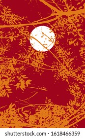 Stylish warm vector illustration with a white full moon (or the sun) in a deep red sky seen through orange silhouettes of branches and leaves.