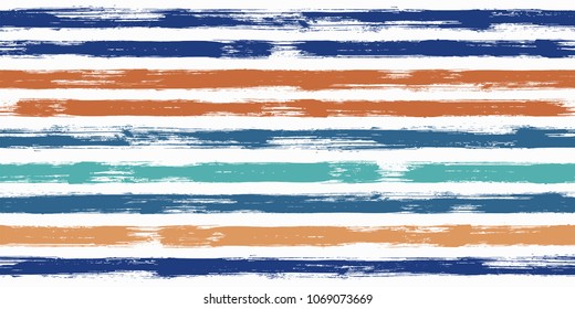 Stylish watercolor brush stripes seamless pattern. Azure, blue and  orange paintbrush lines horizontal seamless texture for backdrop. Hand drown paint strokes decorative artwork. For textile.