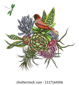 Stylish watercolor imitation with green and red flowers bouquet. Insects and bugs flying over the rose, succulent, eucalyptus, daisy, cactus. Floral bunch. Fresh mood composition. Isolated. Vector.
