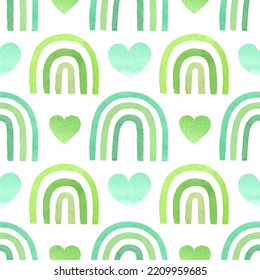 Stylish watercolor seamless pattern with green rainbows in a childish style. For textiles, fabric, wallpaper, stationery, posters, prints, invitations, cards, baby shower, nursery graphics.