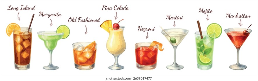 Stylish watercolor vector set of  cocktails with  names: Mojito, Margarita, Negroni, Martini, and more. Vectors isolated on white background, perfect for bar menus and drink packaging.