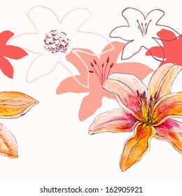 Stylish watercolour seamless pattern with lily flowers