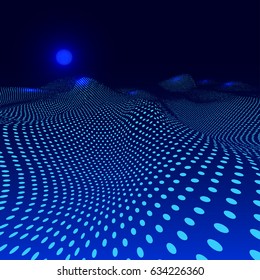 Stylish wave mesh made with blue dots particles. Vector illustration. Isolated on dark blue background