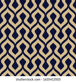 Stylish wavy geometric seamless pattern. Vector modern texture in navy blue and gold colors.