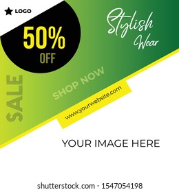 Stylish wear post with green gradient background social media template to promote your brand and advertise on different social media channels.Show sale, offers and discount with these creative designs