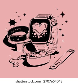 Elegante ilustración de tecnología portátil con monitor de corazón Smartwatch y auriculares inalámbricos