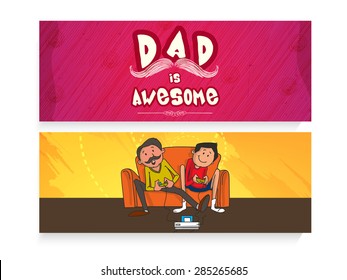 Stylish website header or banner with father and son for Happy Father's Day celebration.