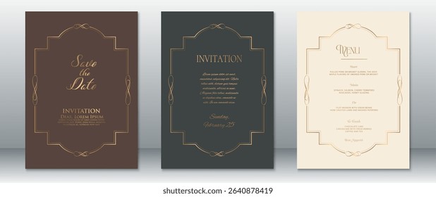 Stylish wedding card set featuring Save the Date, Invitation, and Menu layouts with graceful gold scroll borders. Presented in chocolate brown, deep green-gray, and cream tones.