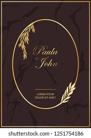 Stylish Wedding Card. Vintage wedding invitation template with marble texture background and golden frame with branch of leaves. Trendy vector illustration.