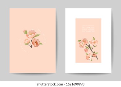 Stylish Wedding Invitation Cards Templates Set. Decorative Vintage Elements Composition with Cherry Flowers on Pink and White Background, Poster Banner Flyer Brochure. Cartoon Flat Vector Illustration