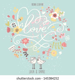 Stylish wedding invitation made of flowers in popular colors. Vintage Save the date card in vector