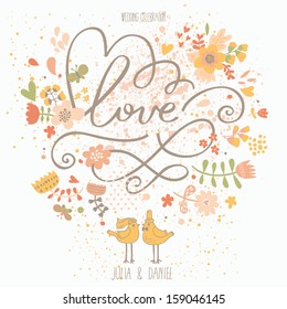 Stylish wedding invitation made of flowers in light colors. Vintage Save the date card in vector with cute cartoon birds