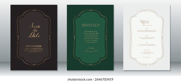 Stylish wedding invitation and menu card templates featuring luxurious gold borders on dark black, green, and soft cream backgrounds. Perfect for classic, elegant, and formal wedding designs.