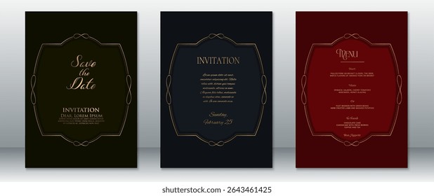Elegante invitación de boda y menú diseñado con marcos ornamentales dorados sobre fondos negros, navy y borgoña. Ideal para temas de boda lujosos, elegantes y formales.