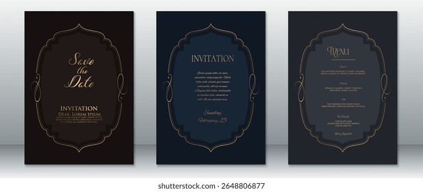 Stylish wedding invitation and menu templates featuring gold ornamental frames on dark backgrounds. Perfect for formal events, luxury weddings, and upscale celebrations.