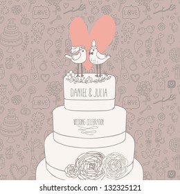 Stylish wedding invitation. Romantic birds on the cake. Save the date concept illustration. Sentimental vector card in pastel colors