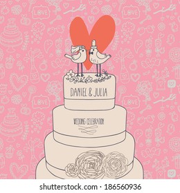 Stylish wedding invitation. Romantic birds on the cake. Save the date concept illustration. Sentimental vector card in pink colors