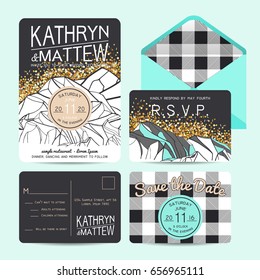 Stylish wedding invitation set decorated with golden glitter.Abstract mountain decor with checkered background.
