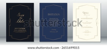 Stylish wedding invitation set featuring Save the Date, Invitation, and Menu designs. Elegant gold outlined frames with modern sharp corners and decorative swirls on black, navy, and cream backgrounds