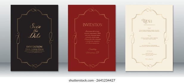 Stylish wedding invitation suite featuring elegant gold flourish borders on black, deep red, and cream backgrounds. Includes Save the Date, Invitation, and Menu cards.