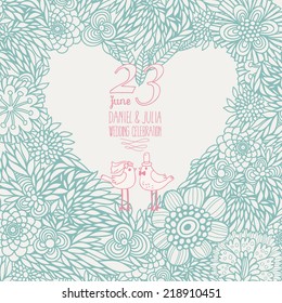 Stylish wedding invitation in vector. Cartoon save the date card. Romantic floral background with pigeons in blue flowers