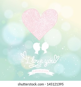 Stylish wedding invitation in vector. Delightful Save the date card in gentle colors. Adorable romantic card with lovers, heart and bokeh