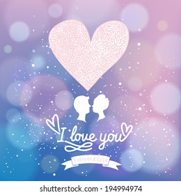 Stylish wedding invitation in vector. Delightful Save the date card in gentle colors. Adorable romantic card with lovers, heart made of flowers and bokeh effect