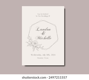 Stylish wedding templates with modern hand drawn floral frame.