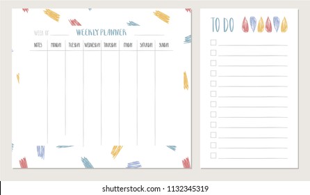 Stylish weekly planner with colorful textured scribbles and hatches. Vector hand drawn planner. Creative to do list.