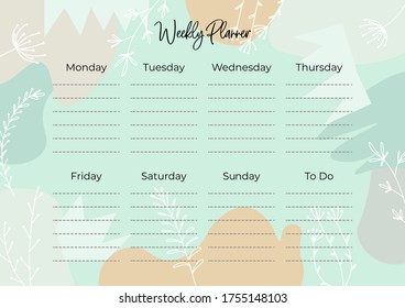 
Stylish weekly planner with no date with floral decoration. To-do list for every day of the week. Self-organization. Scheduler Template. Vector stock illustration on isolated background.