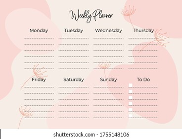 
Stylish weekly planner with no date with floral decoration. To-do list for every day of the week. Self-organization. Scheduler Template. Vector stock illustration on isolated background.