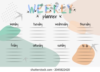 Stylish weekly planner organizer for every day of week in Sandinavian style. Diary template. Natural colors, spots, lines, points, birds. Vector illustration.