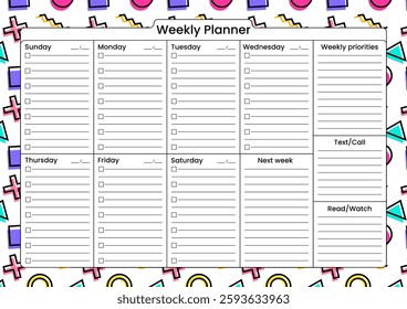 A stylish weekly planner with task checklists, priorities, and sections for notes, calls, and upcoming plans.