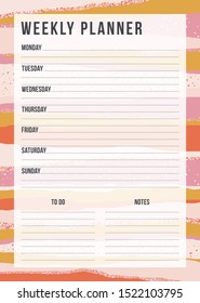 Stylish weekly planning template with notes on striped background in  vintage color and confetti. Retro organizer design. Vector illustration
