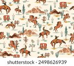 Stylish western Cowboys rodeo  seamless  from wild west rural Landscape mountain farm vector illustration ,Design for fashion , fabric, textile, wallpaper , wrapping and all prints