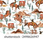 Stylish western Cowboys rodeo  seamless  from wild west rural Landscape mountain farm vector illustration ,Design for fashion , fabric, textile, wallpaper , wrapping and all prints