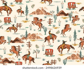 Vaqueros occidentales con estilo rodeo sin costuras del salvaje oeste rural Paisaje Ilustración vectorial de la granja de montaña , Diseño para la moda, tela, textil, Fondo de pantalla, envoltura y todos los estampados