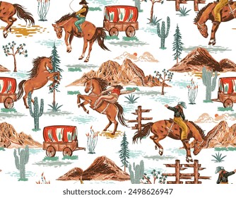 Stylish western Cowboys rodeo  seamless  from wild west rural Landscape mountain farm vector illustration ,Design for fashion , fabric, textile, wallpaper , wrapping and all prints