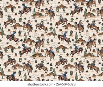 Stylish western Cowboys rodeo  seamless  from wild west rural Landscape mountain farm vector illustration ,Design for fashion , fabric, textile, wallpaper , wrapping and all prints