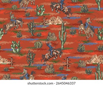 Stylish western Cowboys rodeo  seamless  from wild west rural Landscape mountain farm vector illustration ,Design for fashion , fabric, textile, wallpaper , wrapping and all prints
